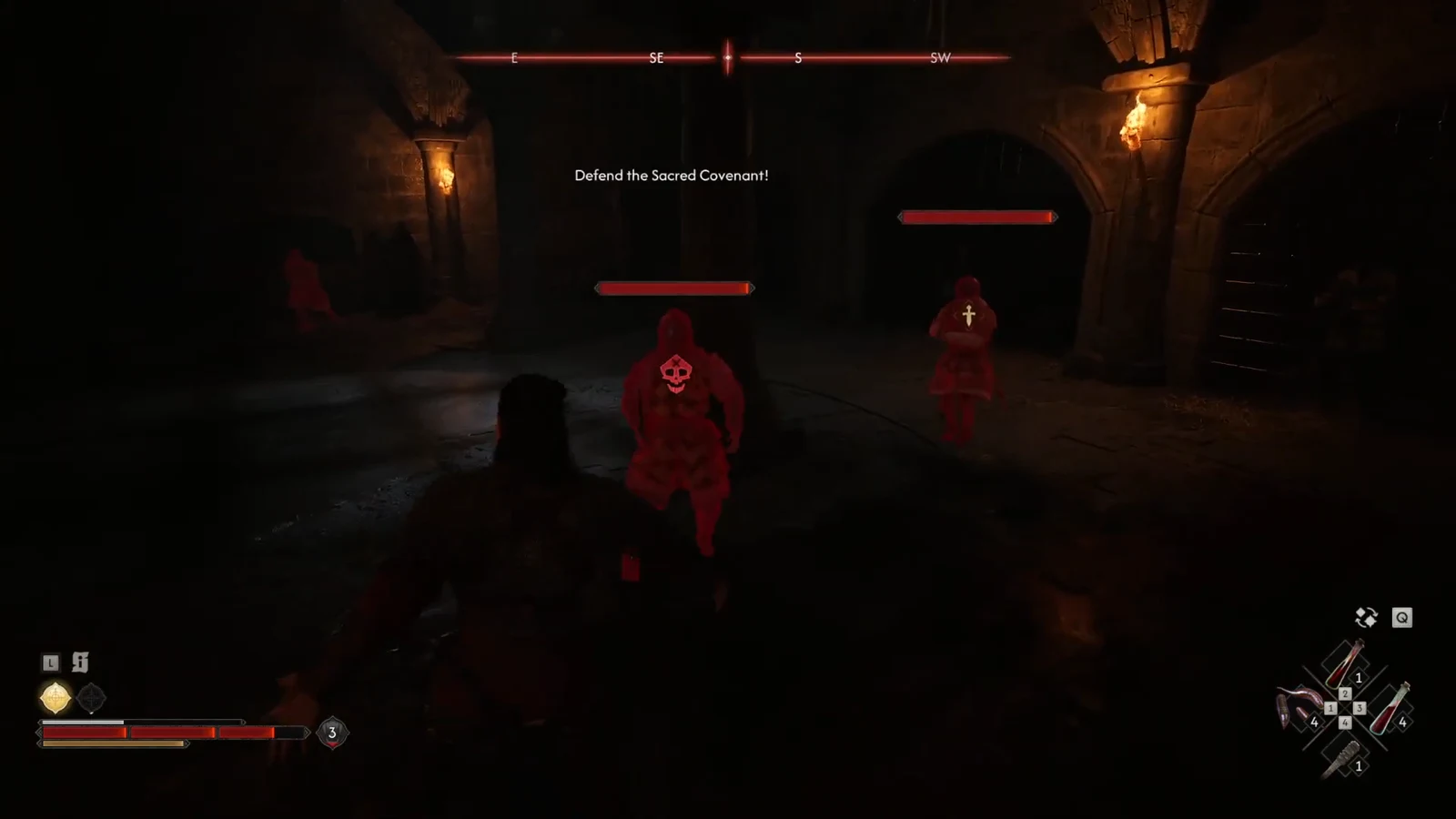 Guards rush Coen in the holding chamber as the Defend the Sacred Covenant line appears on screen