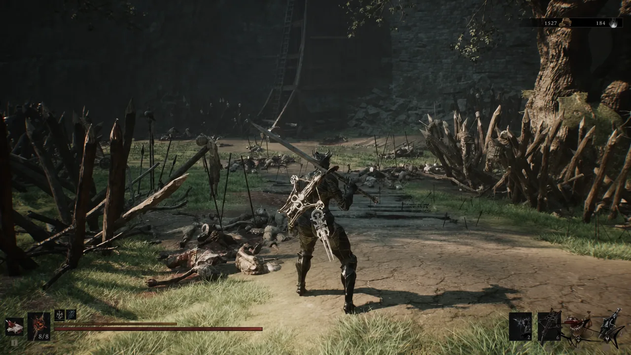 Player character running across open ground away from the Outskirts of Mammon beacon