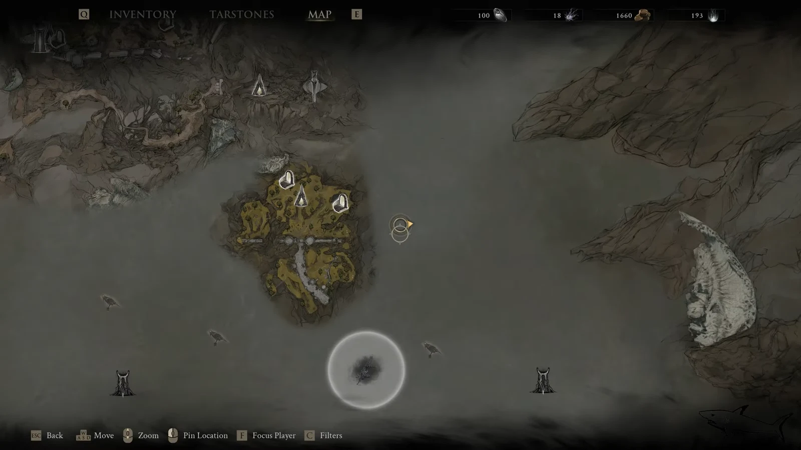 Open world map screen with the player marker on the isolated eastern cliffside after teleporting