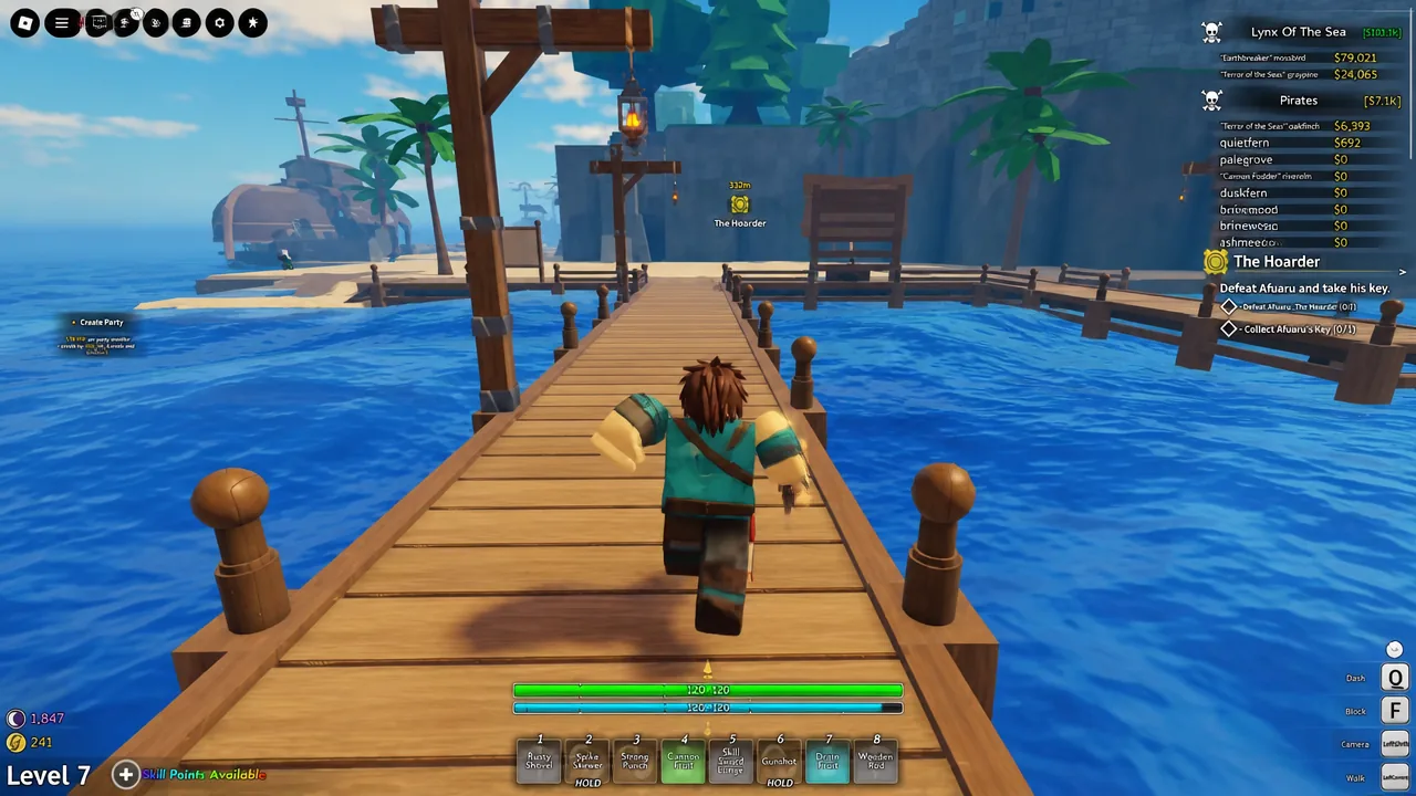 Player running along the Anchor Town dock with the quest panel tracking the marked objective