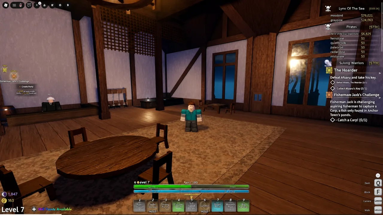 Quest tracker listing objectives to defeat Afaru, collect his key, and catch a Carp