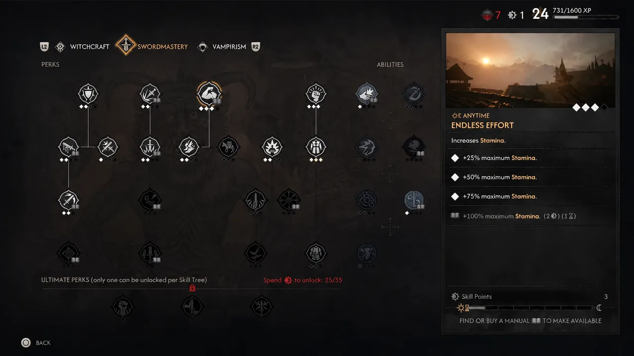 Swordmastery skill tree with Endless Effort selected, showing its maximum stamina increase