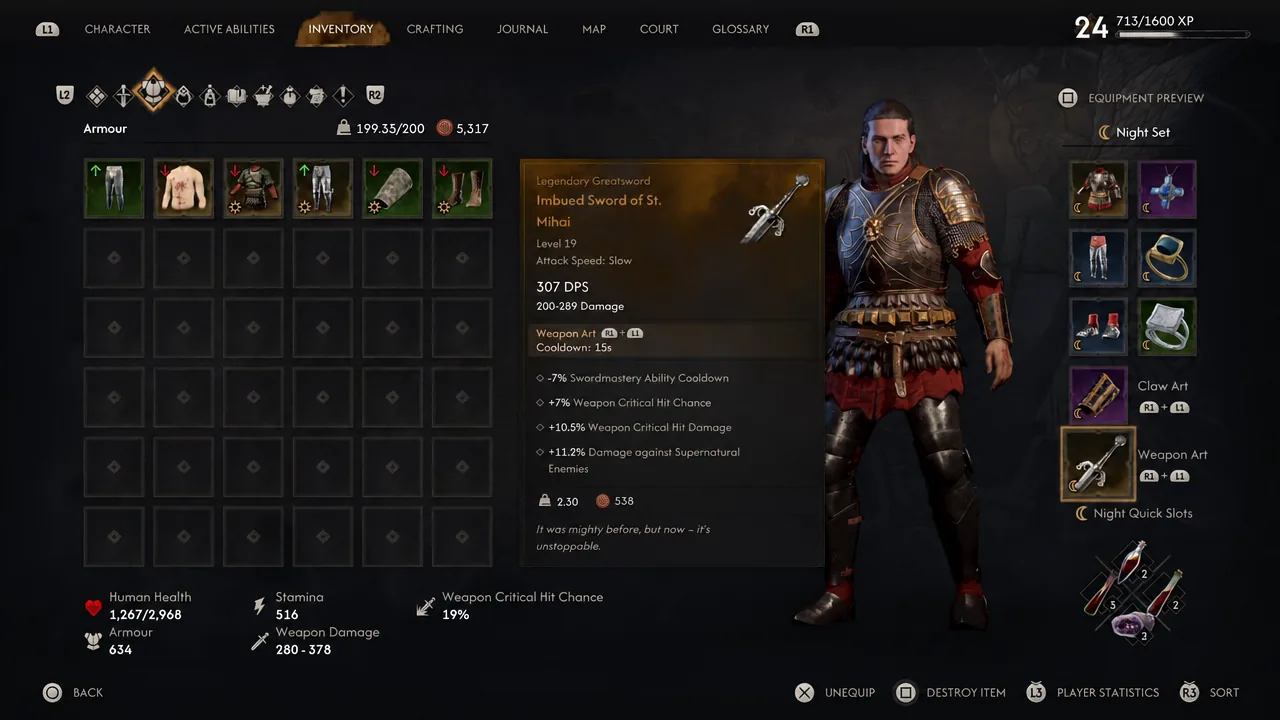 Inventory weapon art slot highlighted with the Imbued Sword of St. Mihai details open