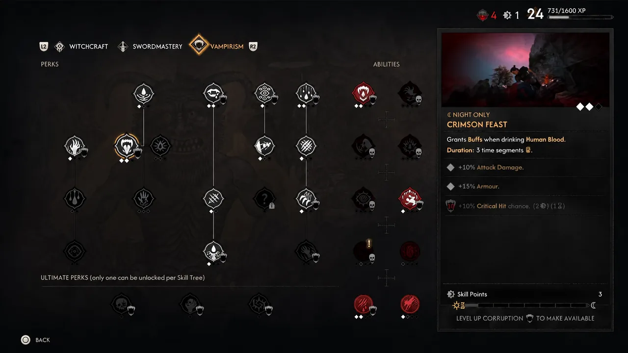 Vampirism skill tree with Crimson Feast highlighted and remaining skill points shown