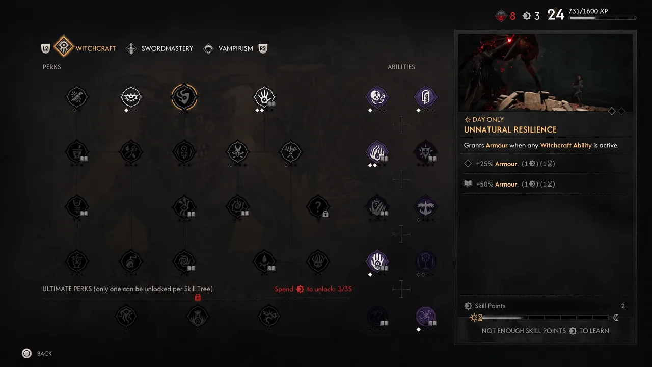 Witchcraft skill tree with Unnatural Resilience selected and a not enough skill points warning