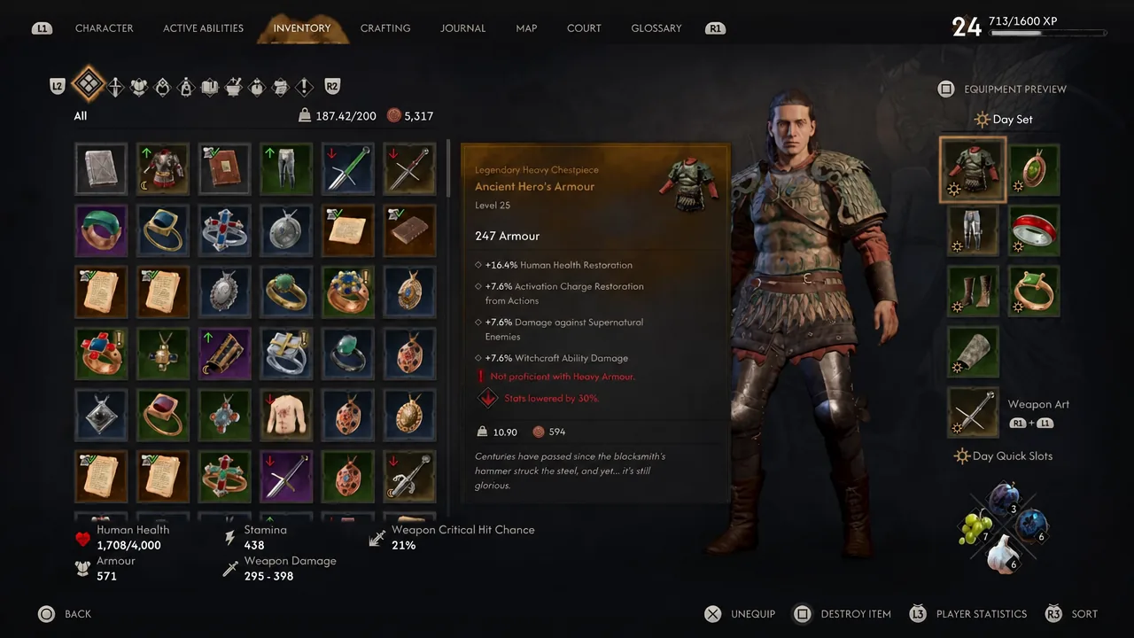 Inventory screen with the legendary heavy chestpiece Fisherman's Armour selected and its stats shown