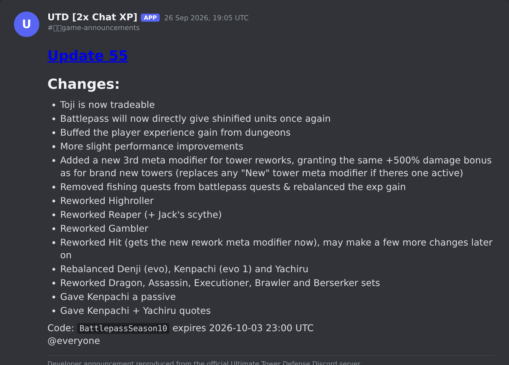 The Ultimate Tower Defense update post in the game's Discord server