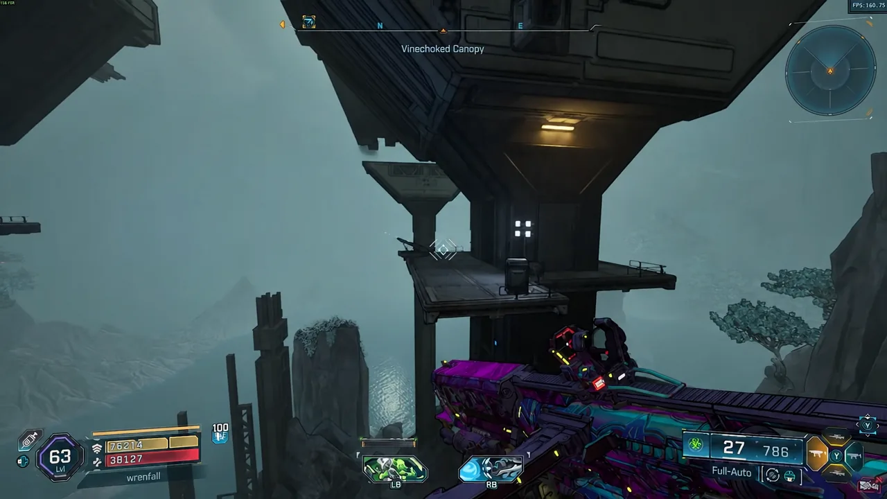 Crosshair raised toward an elevated platform inside Vinechoked Canopy