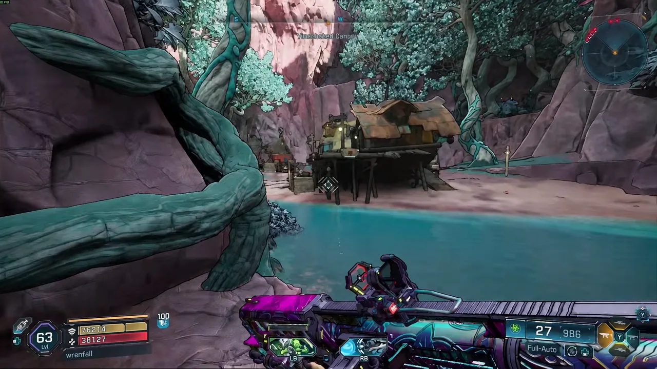 Player lining up a shot at a riverside shack while searching the canyon area for a Tediore gun
