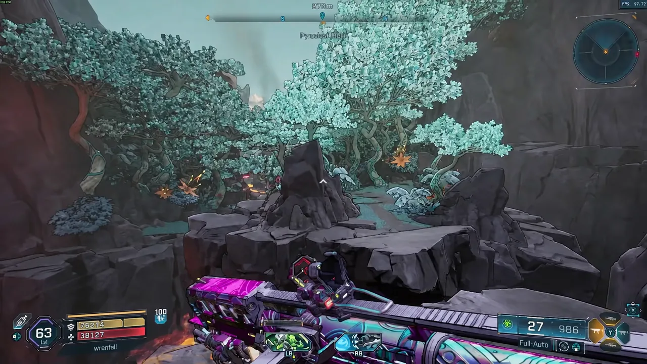 Player aiming a full-auto weapon through rocky terrain while hunting the second escaped Tediore gun