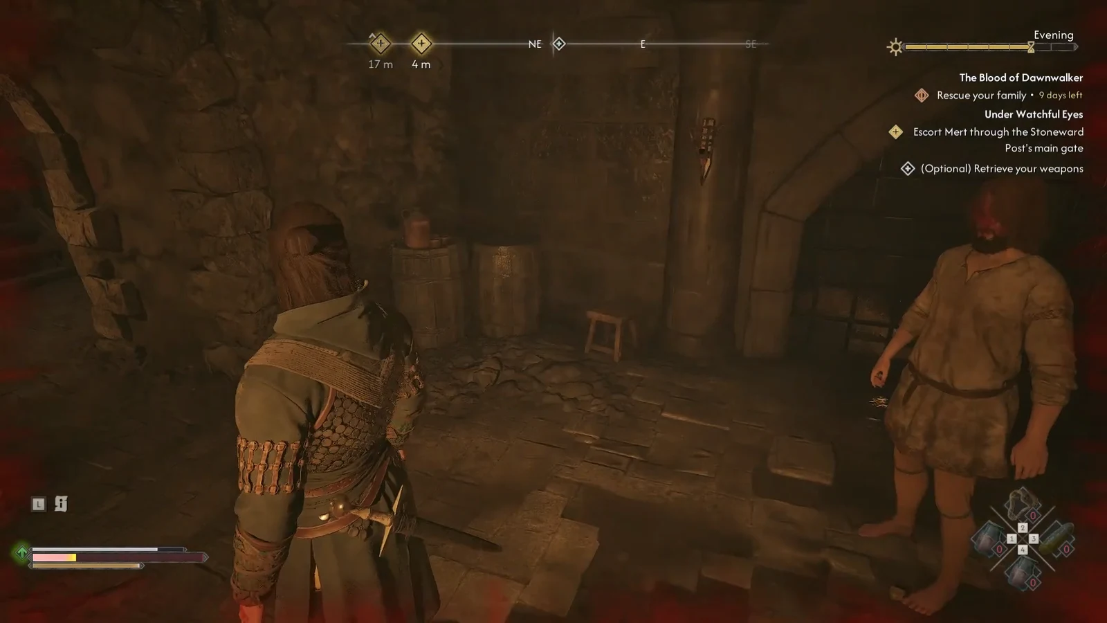 Quest tracker showing the objective to escort Mert through the Stoneward Post's main gate