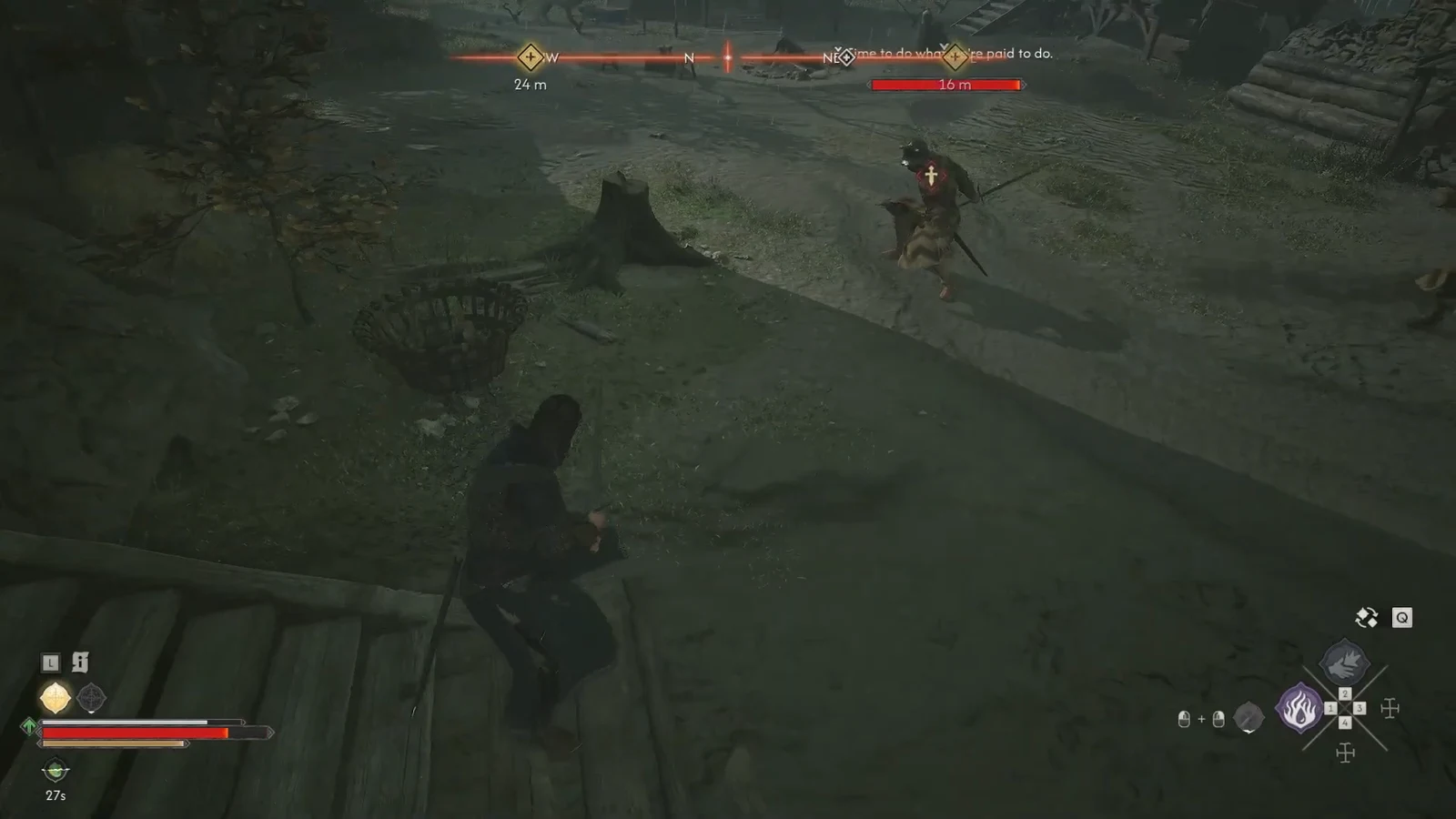 Coen locked onto a marked enemy in the Stoneward Post courtyard with the objective 16 meters away
