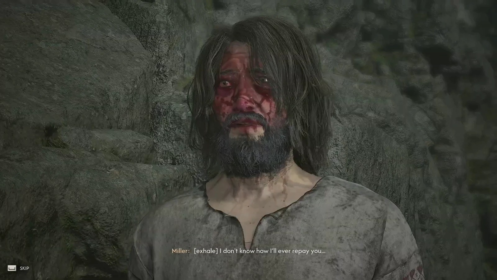 Cutscene subtitle reading I don't know how I'll ever repay you after the escape