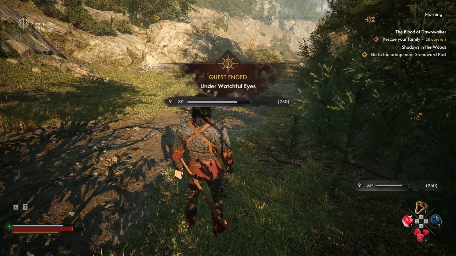 QUEST ENDED banner for Under Watchful Eyes with the XP reward displayed