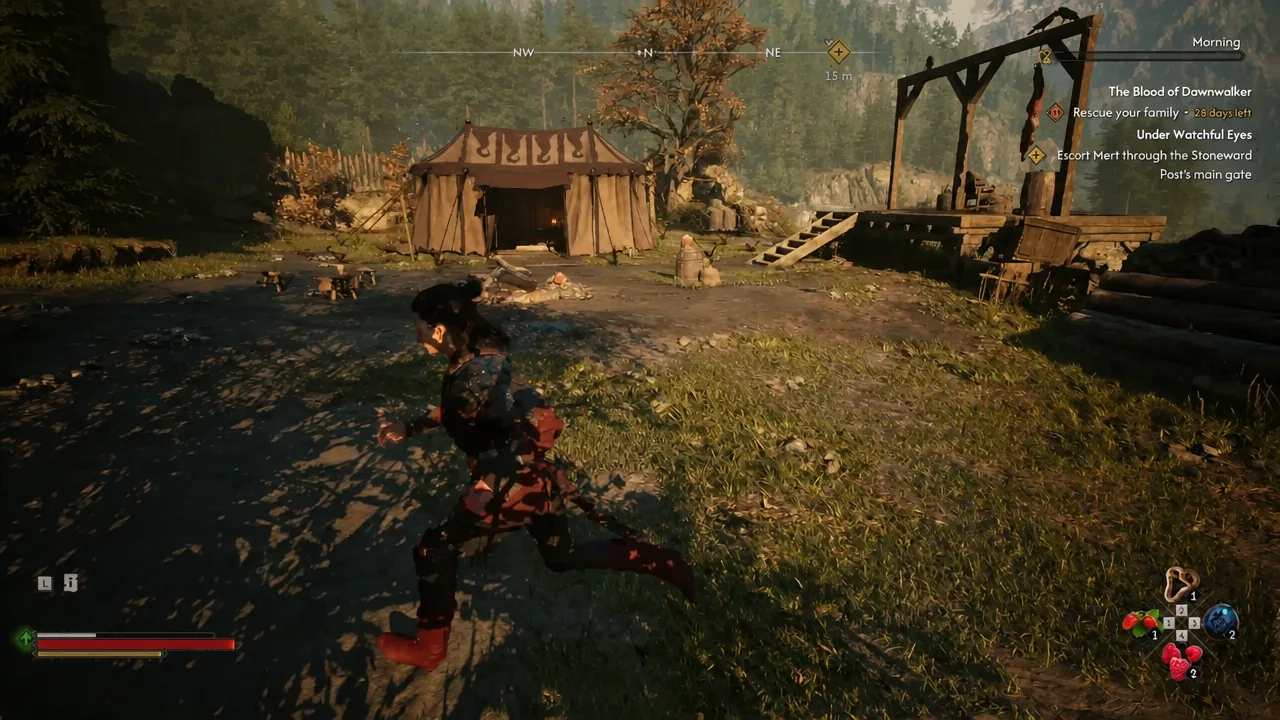 Under Watchful Eyes quest tracker on screen while Coen escorts Mert through Stoneward Post