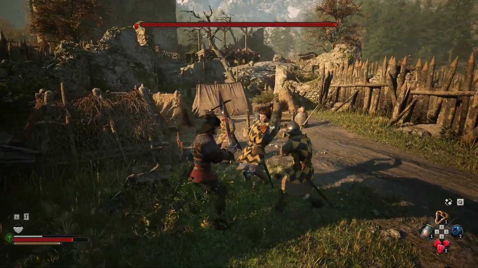 Boss health bar for the Scornful visible as Coen fights two armored soldiers