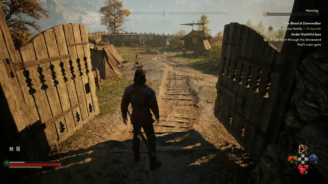 Objective text telling the player to escort Mert through the Stoneward Post's main gate