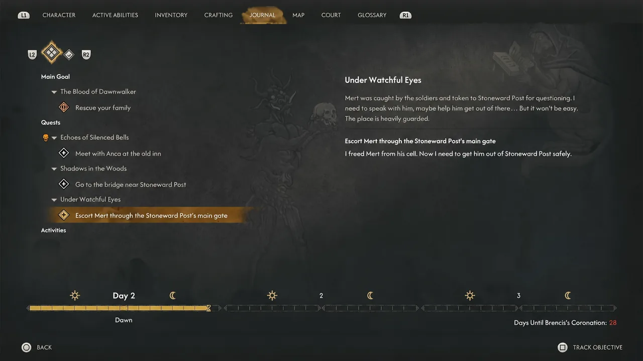 Journal screen tracking the objective to escort Mert through the Stoneward Post's main gate