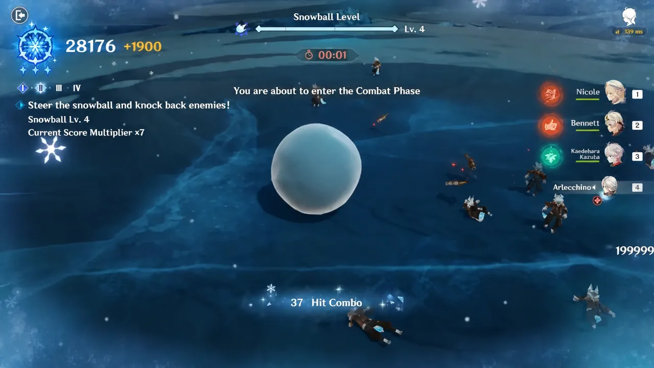 Snowball Lv. 4 stage in Genshin Impact with the player steering a giant snowball into opponents