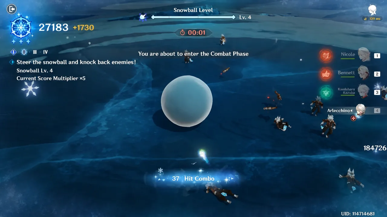 A snowball being steered into enemies during the combat phase of the snowball event