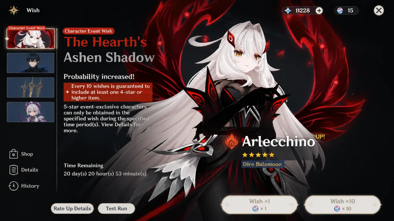 Genshin Impact Wish screen showing the Character Event Wish banner with Wish x1 and Wish x10 buttons