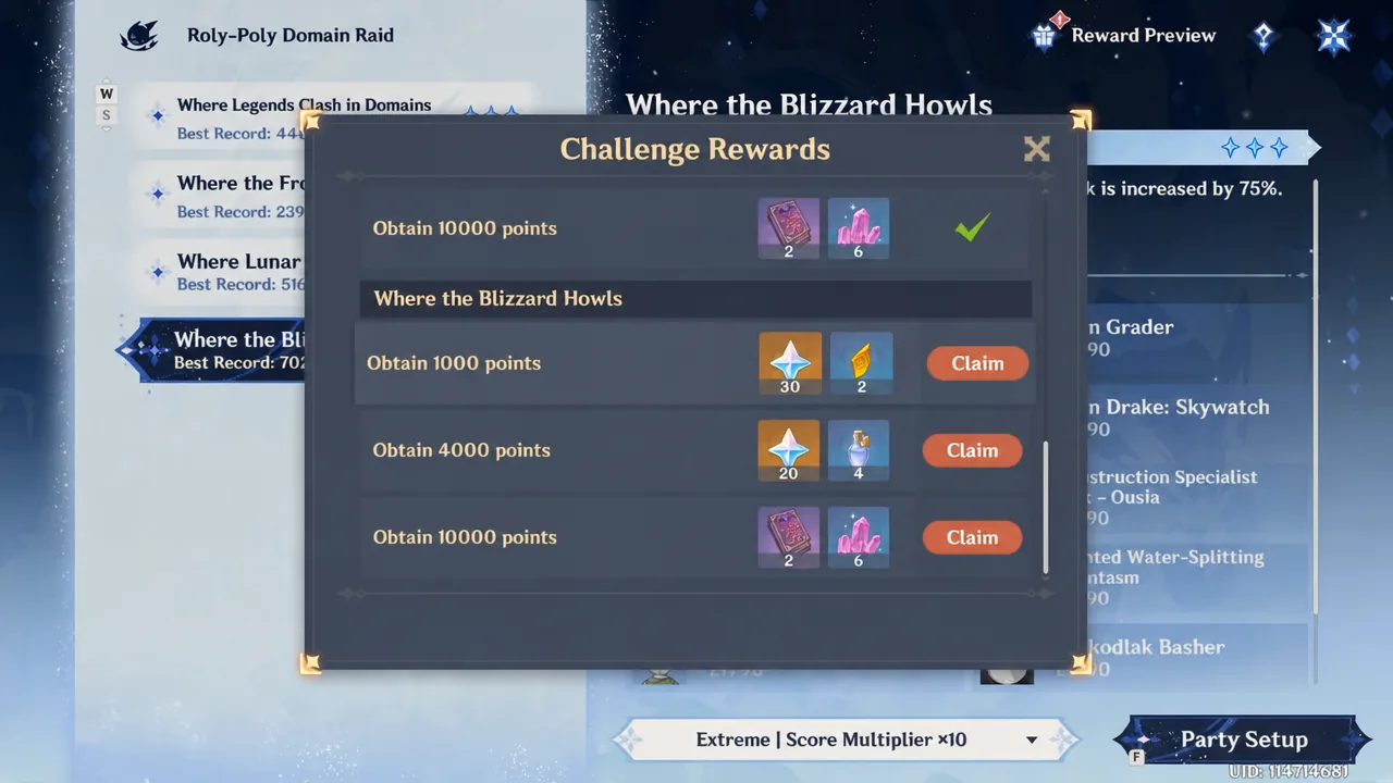 Where the Blizzard Howls challenge rewards menu with Claim buttons next to completed point milestones
