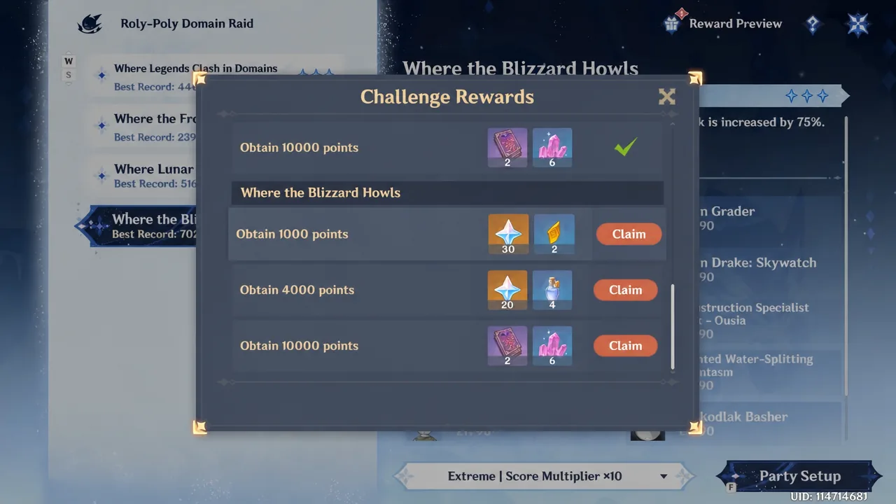 Challenge Rewards window with Claim buttons next to point milestones