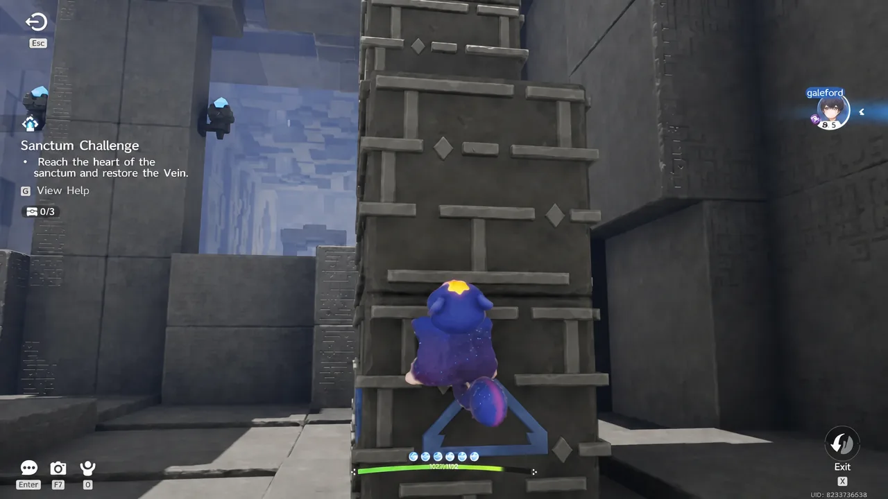 Celestis climbing a marked stone wall with the Sanctum Challenge objective on screen