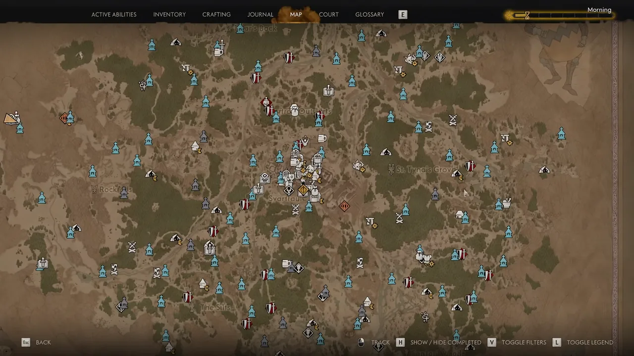 World map screen in The Blood of Dawnwalker with the MAP tab open and location icons visible