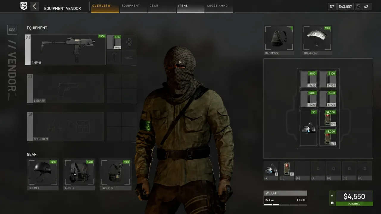 Equipment Vendor screen on the Overview tab with the current loadout and purchase costs listed
