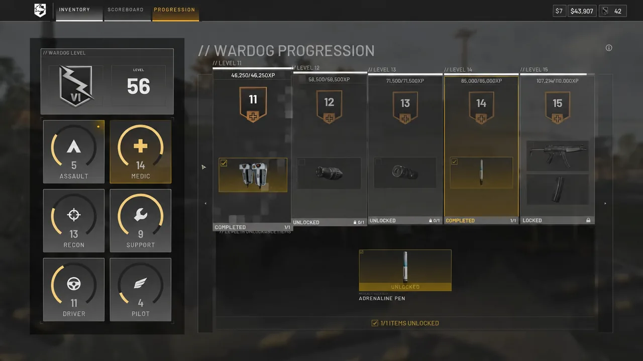 WARDOG PROGRESSION screen on the Progression tab with the level 14 Adrenaline Pen tile completed