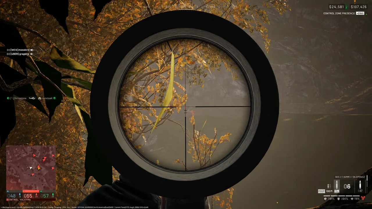 First-person WARDOGS view down a rifle scope aimed at distant terrain during a mid-range engagement