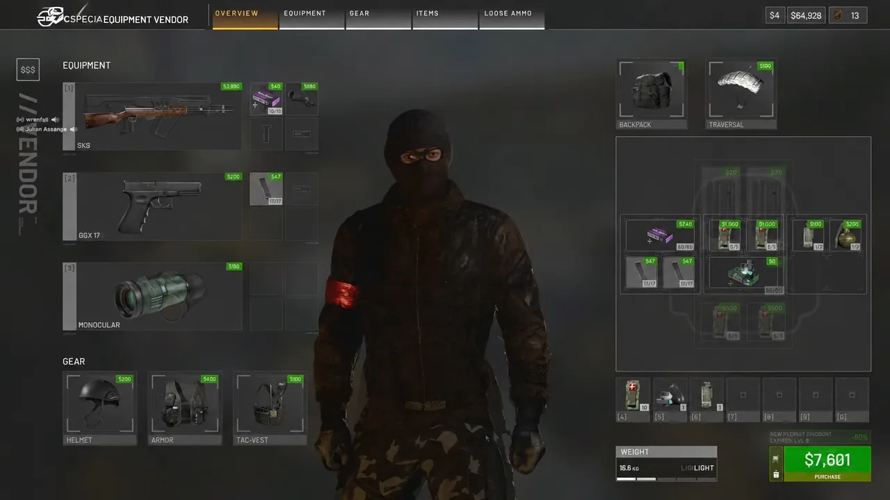 Special Equipment Vendor screen in WARDOGS with the Overview tab selected, showing gear and purchase options