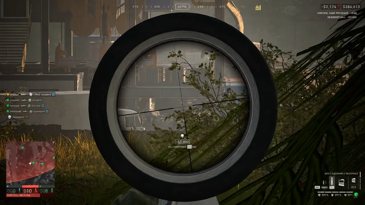 Scoped WARDOGS gameplay with a KILL CONFIRMED $3,000 payout appearing on screen after a long-range shot