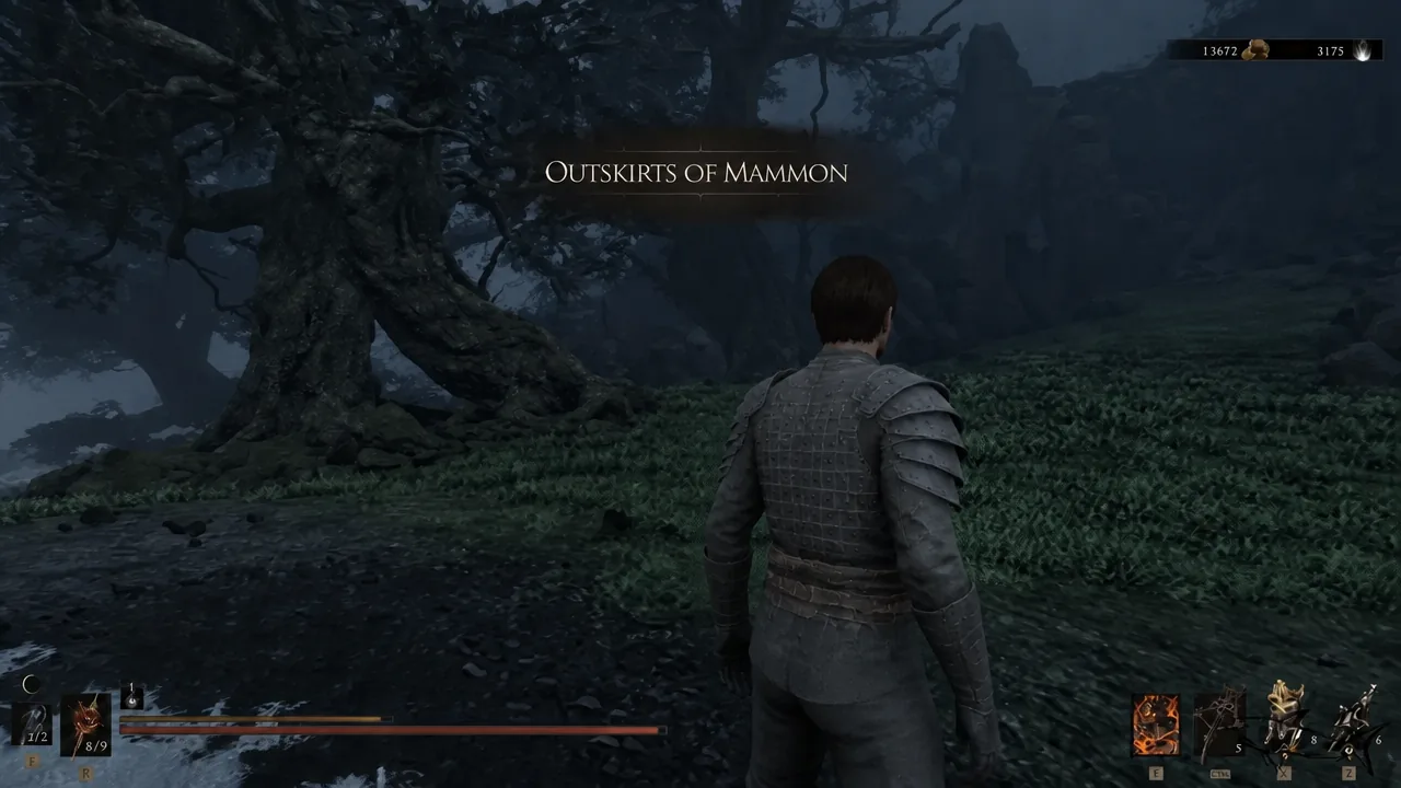 The Harbinger crossing wooded terrain in the Outskirts of Mammon with the HUD visible