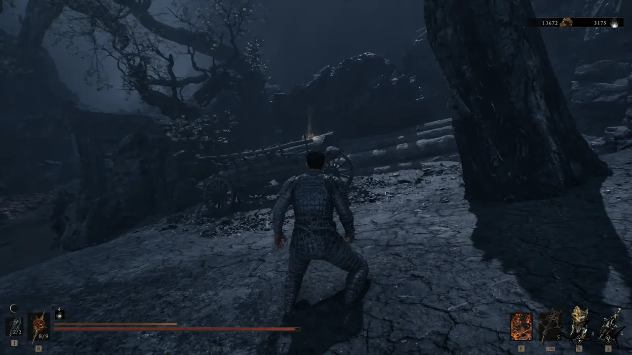 The Harbinger crouching beside a broken cart, picking up coins near the outpost stairs
