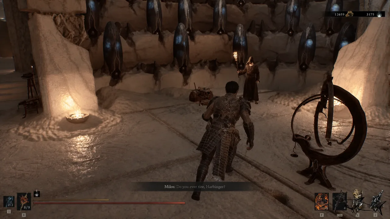 In-game conversation with the Harbinger, with a subtitle line from Milos on screen