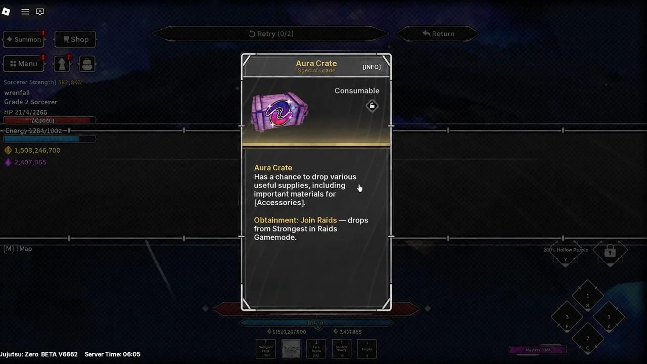 Aura Crate info panel showing the item description and how it is obtained