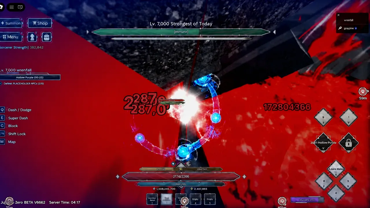 Hollow Purple connecting with the level 7,000 raid boss while the target shows as immune