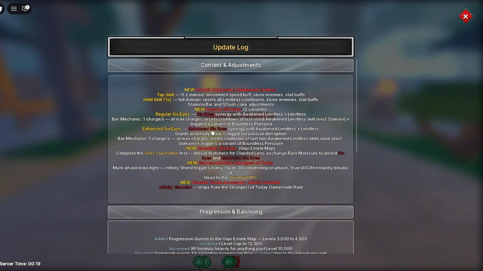 Update Log window in Jujutsu: Zero listing the Content and Adjustments patch notes