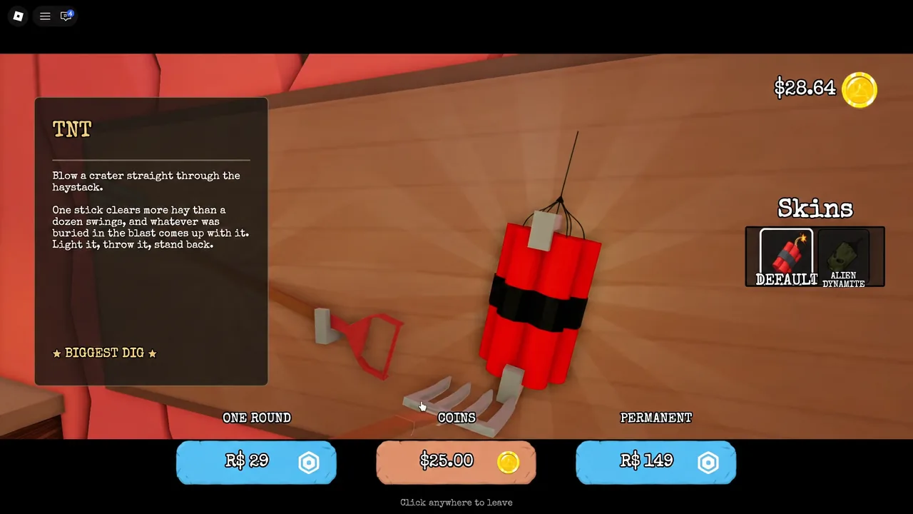 TNT purchase screen showing the Default skin and the one round, coins, and permanent options