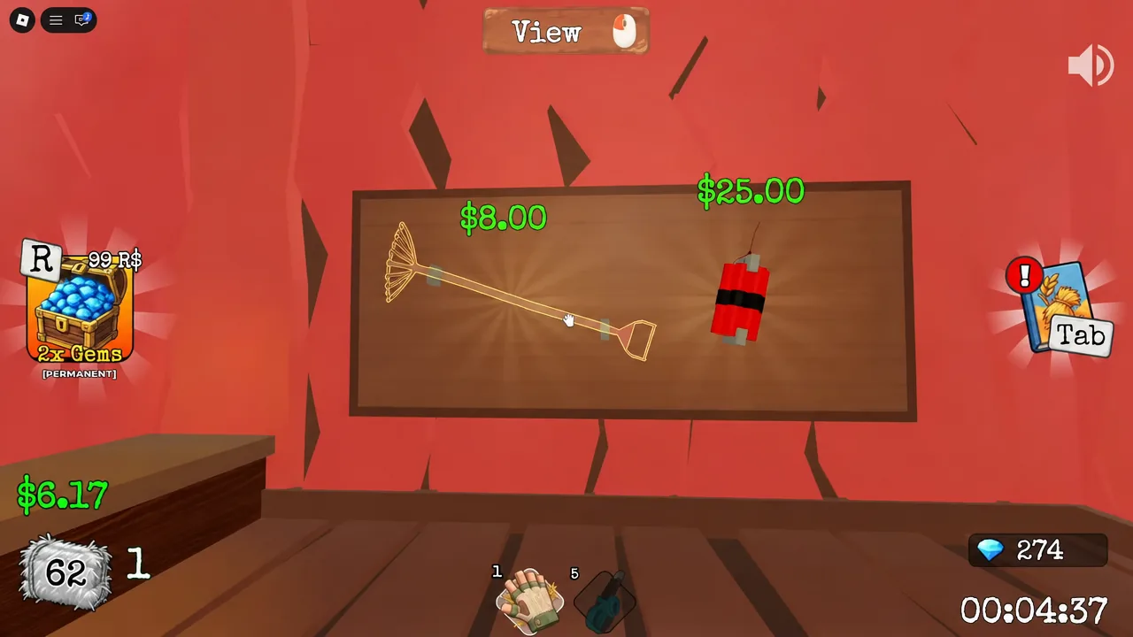 In-barn tool shop view screen with the eight dollar tool highlighted by the cursor