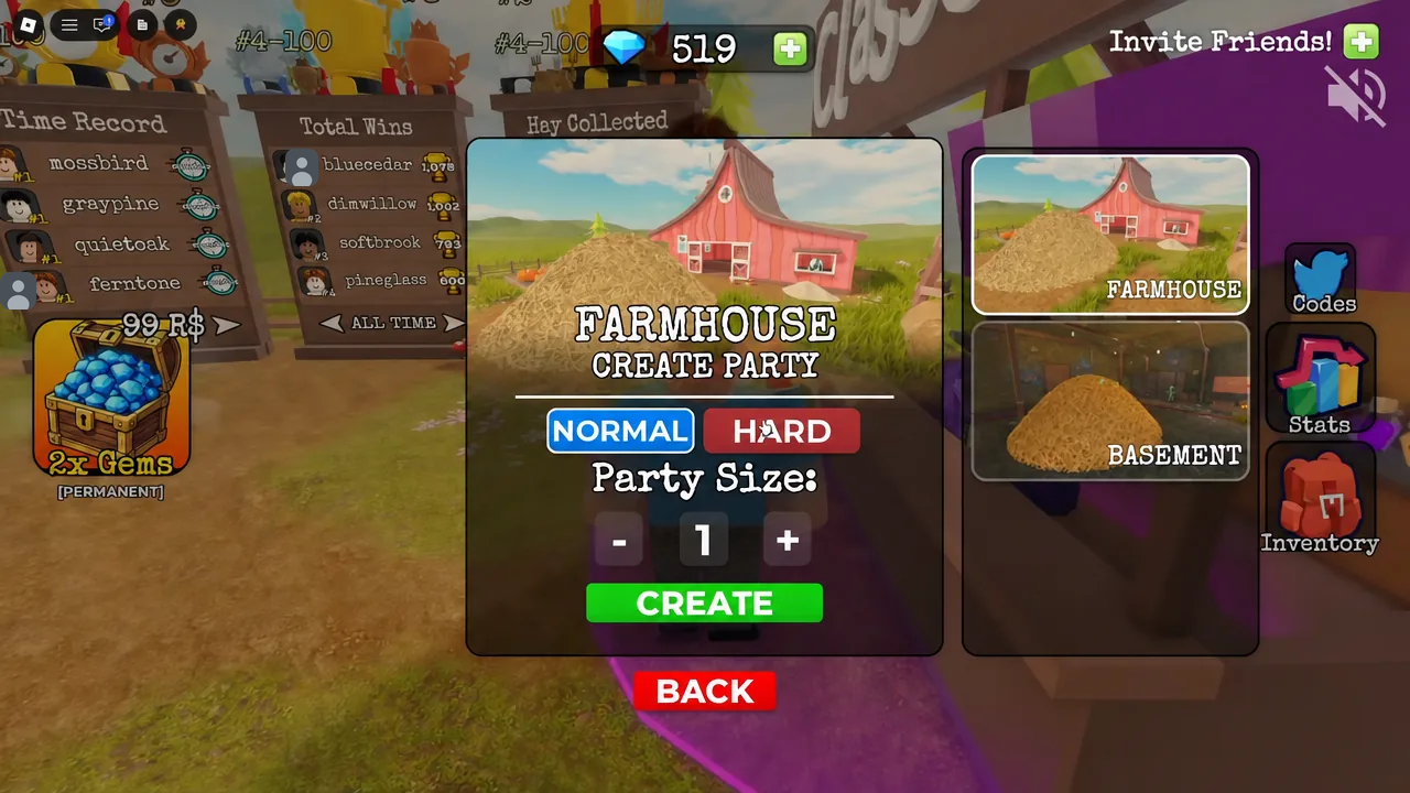 Farmhouse create party screen with Normal difficulty selected and party size set to one