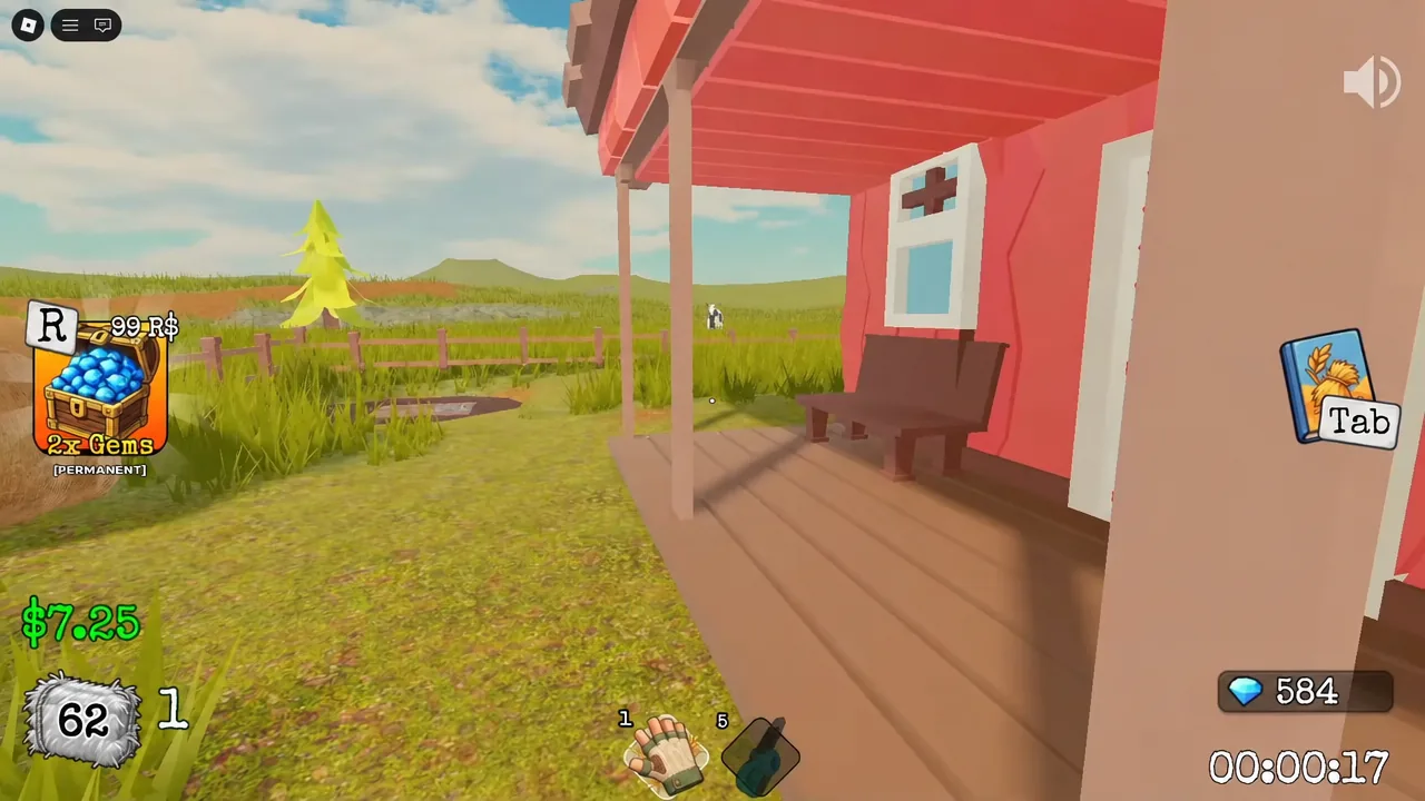 Lobby view outside the red farmhouse showing the Tab key inventory prompt on screen