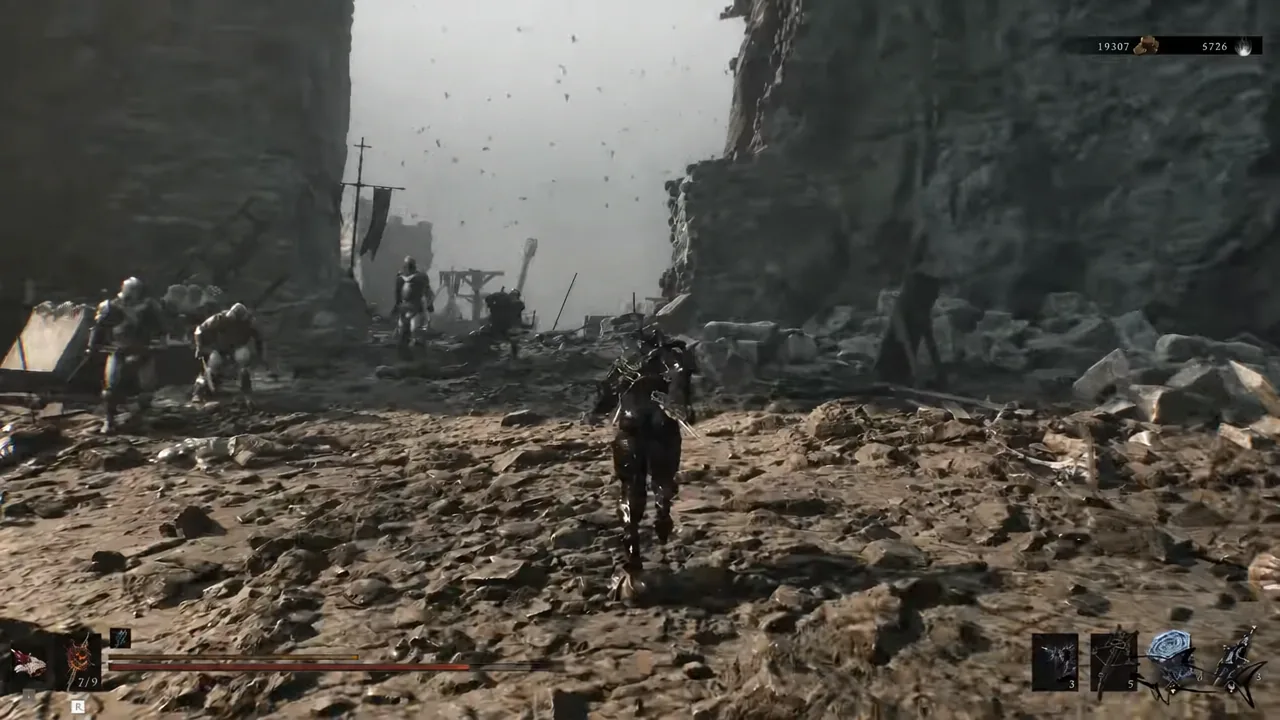 Player character moving through a ruined stretch of road toward a group of enemies