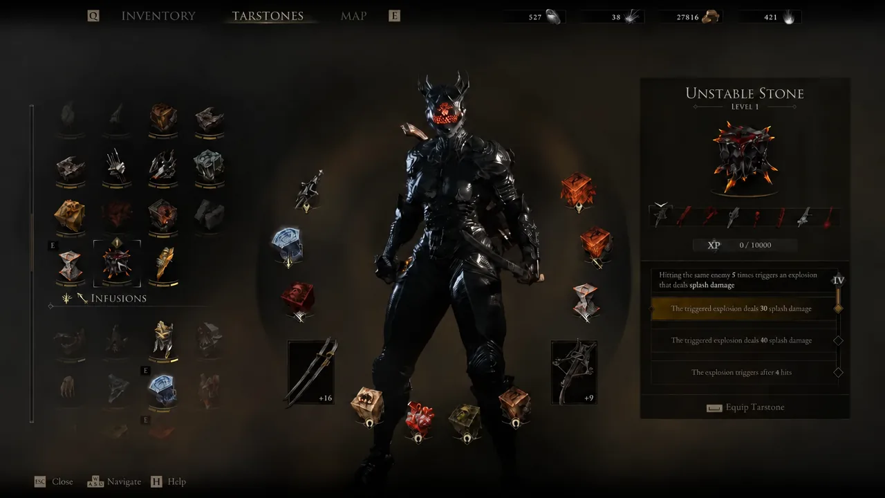 Tarstones menu with Unstable Stone selected, showing its level, XP bar, effect text and Equip option