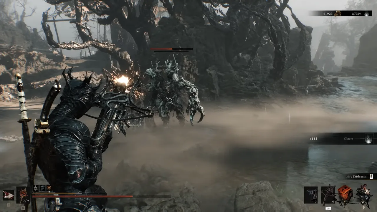 Armored player aiming a ranged sidearm at a large skeletal enemy mid-fight