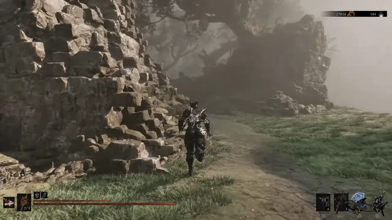 Player running along a narrow rocky cliffside path with the combat HUD visible