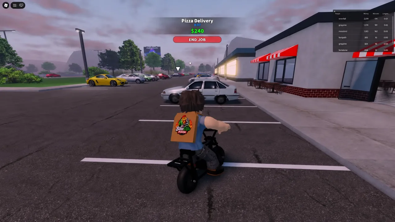 Rider wearing the pizza delivery backpack with the Pizza Delivery panel and END JOB button on screen
