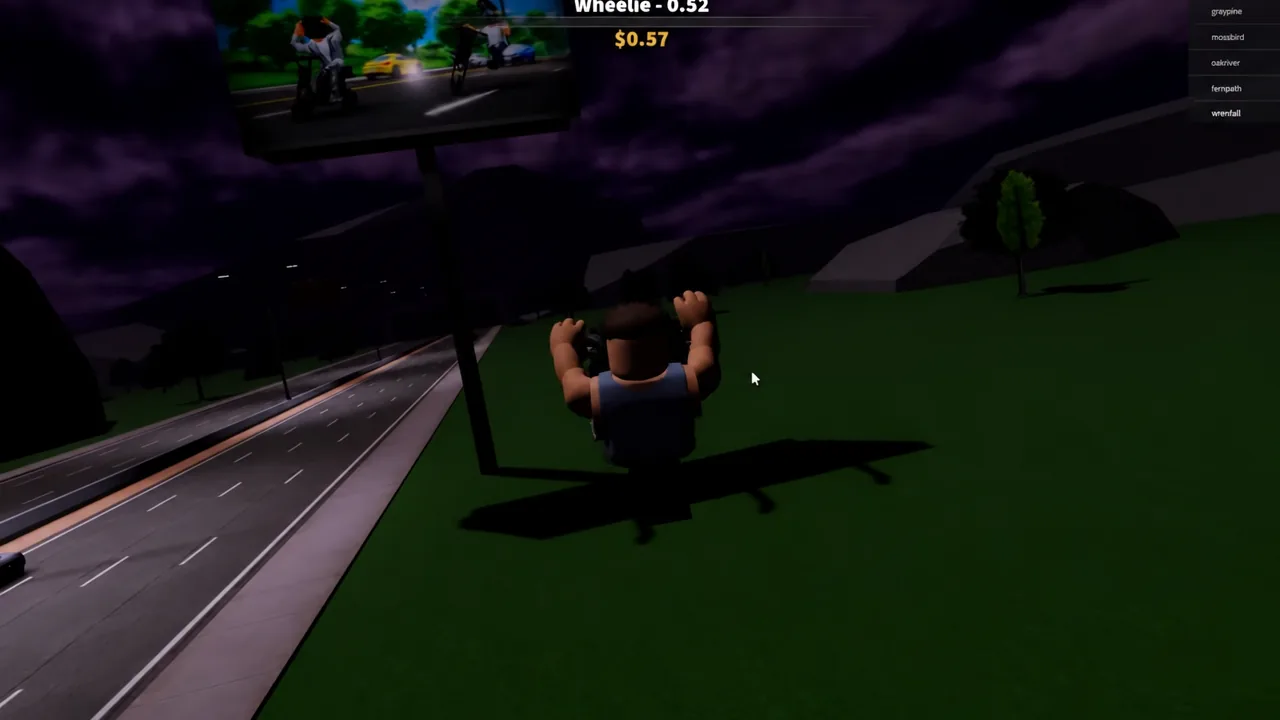 Wheelie meter showing a 0.52 score and a 57 cent payout mid-wheelie